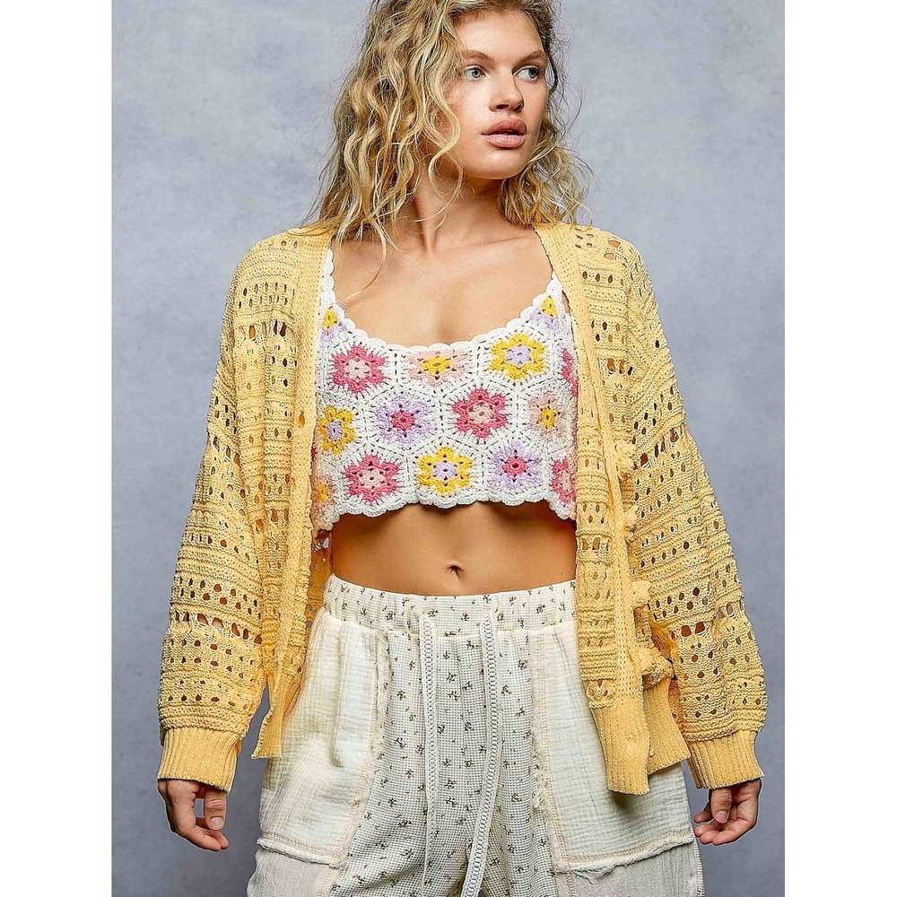 POL Open-Knit Floral Button Cardigan - Small